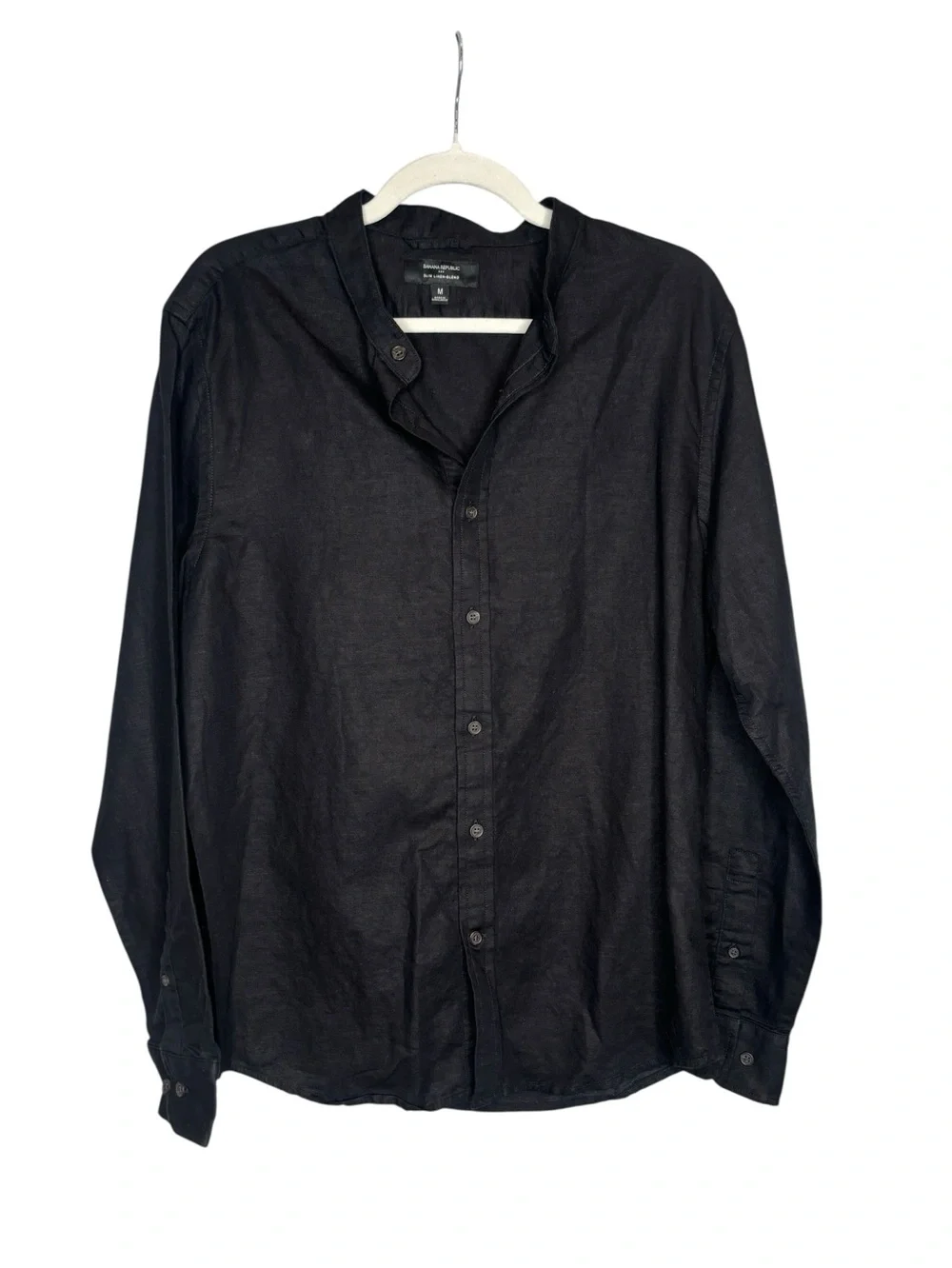 Banana Republic Slim-Fit Linen-Blend Banded Collar Shirt M Black